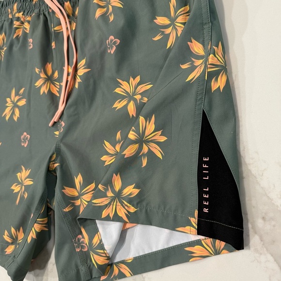 Reel Life Vortex Swim Trunks Lined Floral Mens XL Green/Orange Board Shorts - Picture 3 of 8